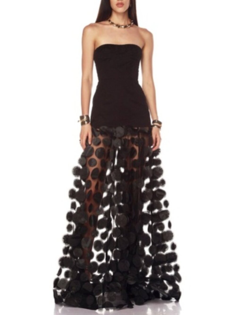 Bronx and Banco Black Strapless Maxi Dress with Sheer Polka-Dot Skirt